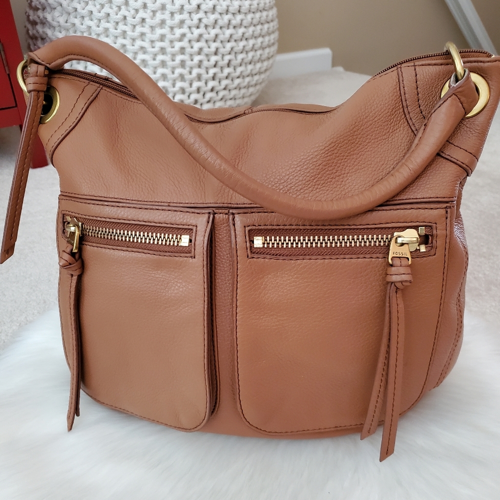 Fossil Vintage Brown Pebbled Genuine Leather Purse Bag Tote Brass Hardware EUC